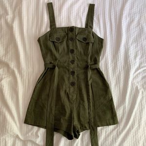 Olive green, linen, button front tied belted tank romper